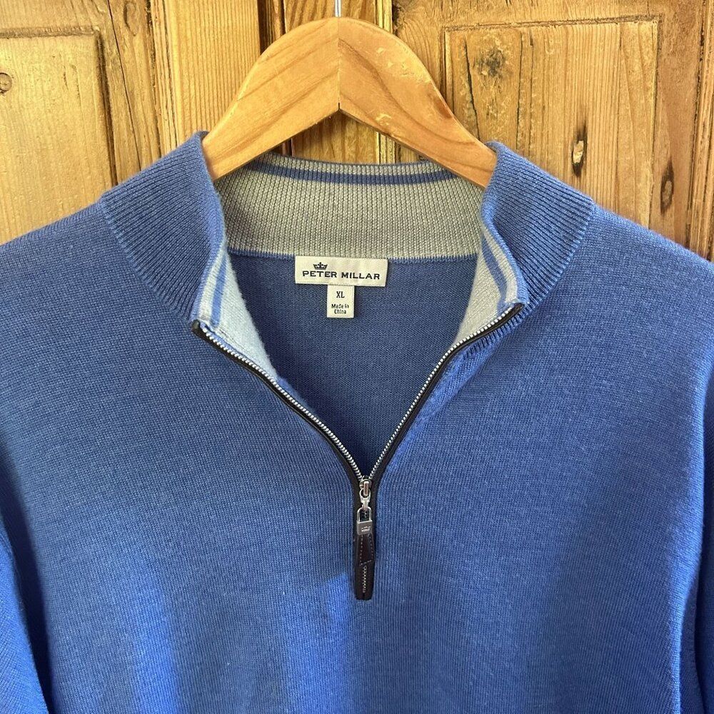 Peter Millar XL Sweater Men’s Blue 1/4 Zip Pullover Long Sleeve Merino Wool Silk - Picture 5 of 11